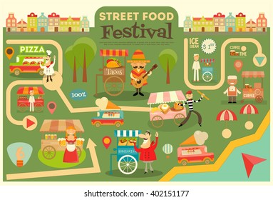 Street Food Festival on City Map. Food carts on Infographic Card. Sellers and Trucks with Food. Mexican, Italian, Greek, French Cuisine. Vector Illustration.