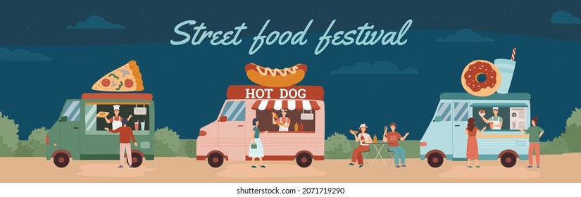 Street Food Festival outdoor horizontal banner. Food trucks with pizza, hot dogs and donuts are serving food outside on summer festival. Vector illustration of people enjoy local food made in car.