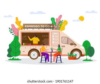 Street Food Festival, people buying takeaway coffee in truck, vehicle. Mobile coffee shop, cafe on wheels with barista. Characters sitting at table and walking together. vector concept