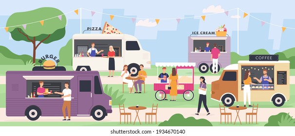 Street Food Festival. People Eat At Summer Outdoor Truck Fair With Fast Foods, Pizza And Ice Cream Van, Popcorn Cart. Flat Vector Park Event