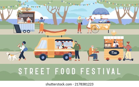 Street Food Festival, People Walking In Park And Eating Hot Dogs And Ice Cream, Drinking Coffee And Tea Flat Style, Vector Illustration. Food Truck, Outdoors, Holiday