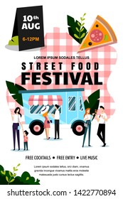 Street Food Festival Poster, Banner Design Template. Spring And Summer Weekend And Events Outdoor Leisure. Vector Flat Cartoon Illustration. Food Truck And People Eat On Red Checkered Plaid Background