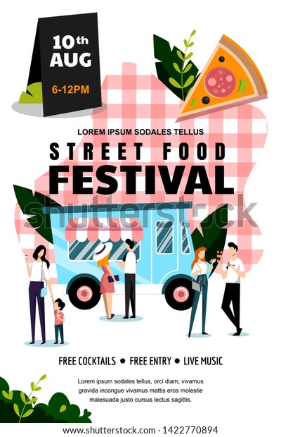 Street food festival poster, banner design\
template. Spring and summer weekend and events outdoor leisure.\
Vector flat cartoon illustration. Food truck and people eat on red\
checkered plaid\
background