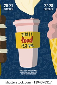 Street food festival poster with coffee to go, kebab and ice-cream in cartoon style and hand drawn lettering. Fast food doodles surface background. Stock vector