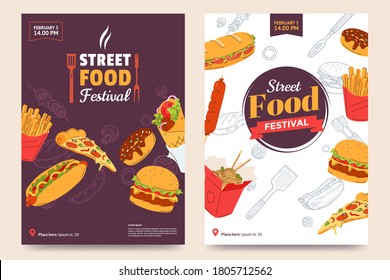 Street food festival poster design. Fast food banner design with burger, sandwich, french fries, donner kebab, noodles, donut, sausage, hot dog and a slice of pizza. Vector illustration.