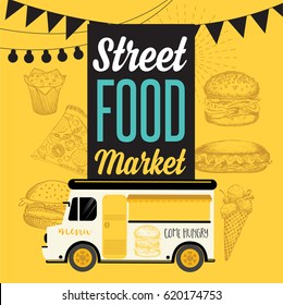 Street food festival poster. Design with hand-drawn graphic elements in doodle style.