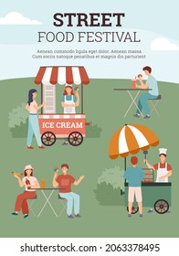 Street food festival poster layout, flat vector illustration. People having fun in the park and eating fast food meals from vendor carts. Vertical banner with summer outdoor events concept.