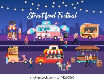 Street food festival poster vector template. City fest. Brochure, cover, booklet page concept design with flat illustrations. Meal sale, resting people. Advertising flyer, leaflet, banner layout idea