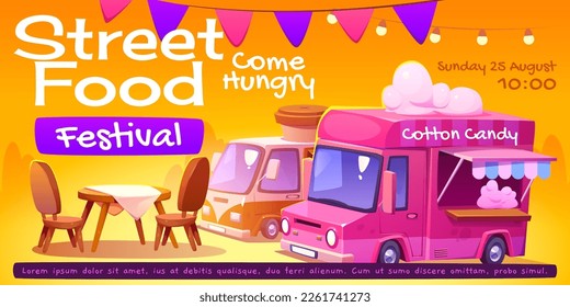 Street food festival poster with vendor trucks with coffee and cotton candy, table and chairs. Invitation flyer of street food market with vans with drinks and snacks, vector cartoon illustration