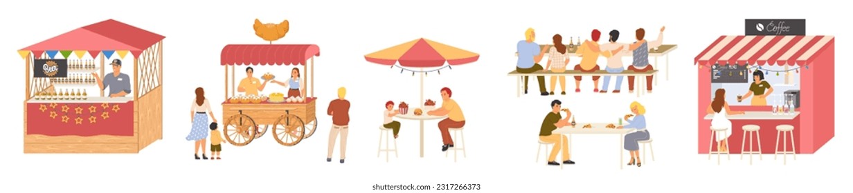 Escena del festival de comida callejera con personajes felices. Preparación y venta de comidas de vacaciones, cena festiva, servicio de camiones ilustrando el vector