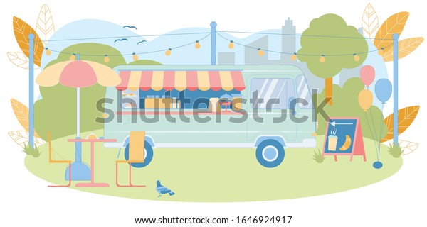 Street Food Festival Truck or Mobile Eatery
on Landscape Background. Seasonal Local Market and Entertainment
Events Meals and Ready Dishes Selling Commercial Vehicle. Flat
Vector Illustration.