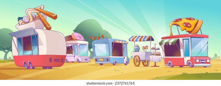 Street food festival with truck shops in summer park. Contemporary vector illustration of vans selling pizza, asian noodles, sweets and donuts, trade fair in public garden with green lawn, sunny sky