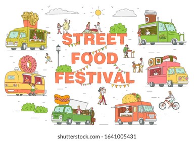 Street food festival trucks set vector illustration in sketch cartoon style isolated on white background. Restaurants and canteens on wheels for street markets and fairs.