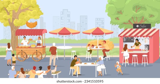 Street food festival vector scene with happy eating people on fair. Summer park landscape with different local market with snacks and drinks with customer characters illustration