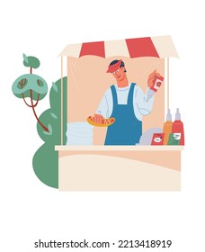 Street food festival vendor at kiosk selling hot dogs, flat vector illustration isolated on white background. Fast Food Festival emblem or banner design.