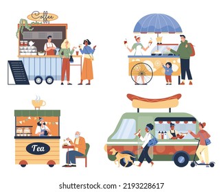 Street food festival with vendors sell ice cream, hot dog, tea and coffee - flat vector illustration isolated on white. Set of food trucks, customers eat and drink. People have fun at summer event.