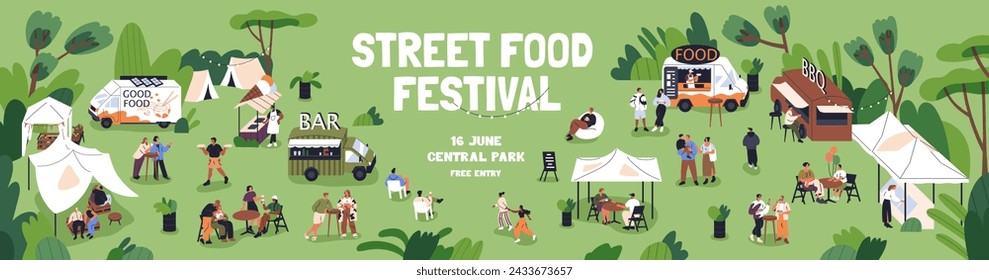 Street food festival, web banner design. Open-air summer fest, long promotion background. Modern outdoor holiday, weekend event with trucks, tiny people in nature, park. Flat vector illustration