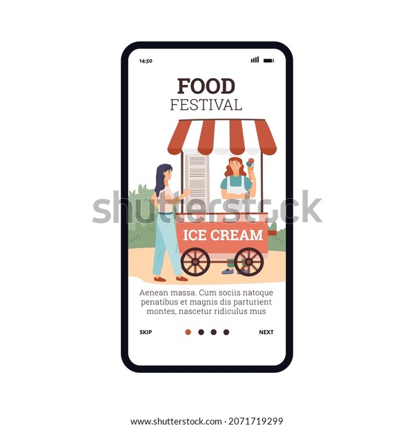 Street food festival with woman buying\
ice cream at vendor cart, flat vector illustration. Mobile app\
interface template. Summer outdoor fest in the\
park.