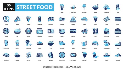 Street Food fill icon collection set. Includes vendor, cart, snack, grill, skewer, noodle, wrap, burger, taco, kebab, dumpling,  sauce, fries, seafood