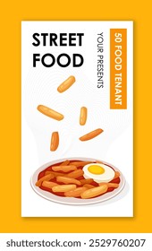 Street food flyer. French fries with eggs. Pork, beef and grill. Takeaway eating and fastfood. Advertising and marketing. Poster or banner. Flat vector illustration isolated on yellow background