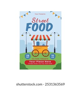 Street food flyer. Slices of meat with rice. Pork, beef and grill. Takeaway eating and fastfood. Advertising and marketing. Flat vector illustration isolated on white background