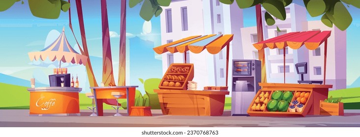 Street food fruit market in city park cartoon illustration. Fresh farm stand stall for outdoor event or traditional festival. Bazaar on road with snack and coffee in summer landscape background