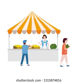 Street food fruits market sells canopy. Seller and Buyers. Vector, Illustration, Isolated, Banner, Template Cartoon flat