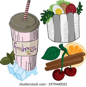 Street food. Glass of iced tea, funny illustration. vector icon. Colorful cocktail symbols isolated on milk background. A warm salad that you can take with you.