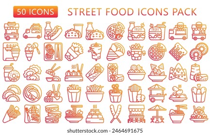 Street food gradient outline icons set. contain fried chicken, pizza, ramen, pretzel, nachos, donut, dumpling, dim sum and more. best for UI or UX kit, web and app development. vector EPS 10.