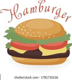 Street food. Hamburger with beef cutlet, slices of cheese, salad and tomatoes. Vector illustration for menu and packaging design