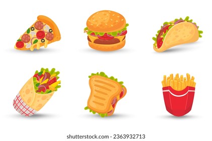 Street food hamburger, tasty sandwich, hot dog, pizza, french fries, tacos. Vector of fast lunch, hot dog and meal snack, design of menu restaurant illustration