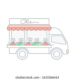 Street food hand drawn concept, open food van or truck with local meals, marketplace for selling products. Clean line vector icon illustration on white background.