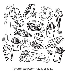 Street food hand drawn doodle icons. Kinds of fast food. Doodle clip-art.