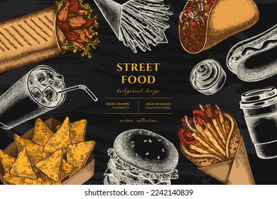 Street food hand drawn illustration design. Background with vintage sauces, nachos, soda, gyros, burger, taco, shawarma, french fries, hot dog, paper cup.