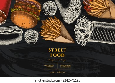 Street food hand drawn illustration design. Background with vintage sauces, soda, gyros, burger, taco, shawarma, french fries, hot dog.