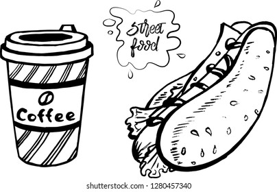 Street food hand drawn vector sketch. Coffee and hot-dog