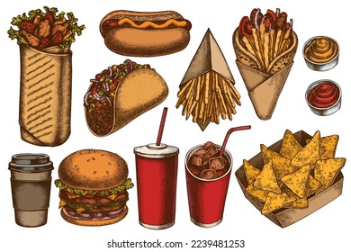 Colección de ilustraciones vectoriales de comida callejera. Salsas coloreadas, nachos, soda, giros, hamburguesa, taco, shawarma, patatas fritas, perritos calientes, taza de papel.