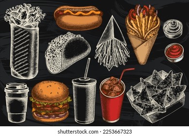 Street food hand drawn vector illustrations collection. Stylized sauces, nachos, soda, gyros, burger, taco, shawarma, french fries, hot dog, paper cup.