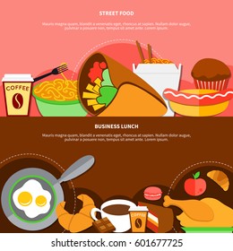 Street food and healthy business lunch 2 flat banners with chicken fried eggs and coffee isolated vector illustration 