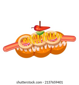 Street food hot dog with mustard and chilly isolated on white background cartoon vector illustration.