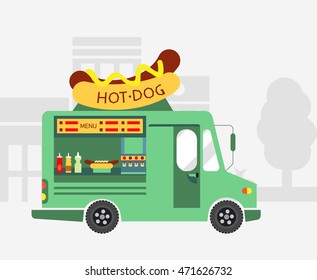 Street Food Hot dog Food Truck. Vector illustration