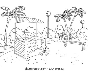 Street food ice cream graphic black white landscape sketch illustration vector