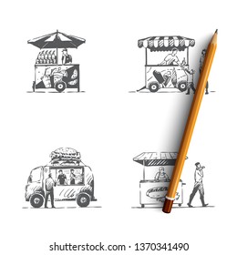 Street food - ice cream, hot dog, burger, fresh food vector concept set. Hand drawn sketch isolated illustration