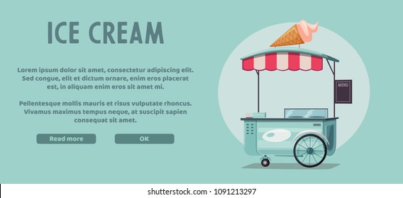Street food or ice cream vendor truck. Cartoon vector illustration. Outdoor cart.