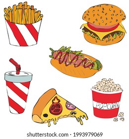 Street food, icon set, fast food, french fries, hamburger, drink, popcorn, hot dog, pizza, vector, illustration, cartoon style