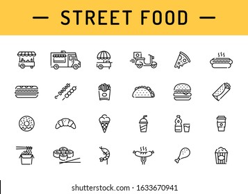 Street food icon template set. Vector fastfood logo symbol collection. Simple signs for cafe, delivery, stall, stand, vendor.  Flat take away pictogram illustration in line style