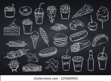 Street food icons , chalkboard style. Takeaway meals bubble waffles, hong kong, spiral potato chips, lemonade and apples in caramel. Retro vector illustration fast food french fries, hamburger