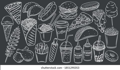 Street food icons on black chalkboard, vector monochrome outline hand drawn illustration for cafe menu design. Engraved takeaway meals shawarma, wok noodles, pizza. Fast food french fries, burger etc