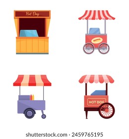 Street food icons set cartoon vector. Hot dog street food cart. Outdoor trading