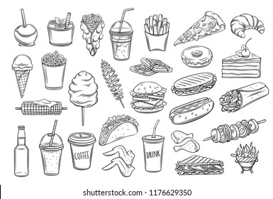 Street food icons set. Takeaway meals bubble waffles, hong kong, spiral potato chips, lemonade and apples in caramel. Retro vector illustration fast food french fries, hamburger, tacos and barbecue